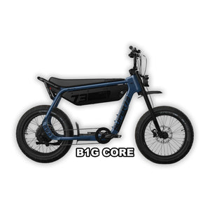 Super73 B1G Core eMOTO eBike in Slate color, shown in its original packaging inside the box