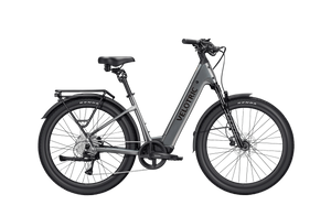 Stone gray Velotric Discover 3 eBike side view, showcasing frame design, battery placement, and wheels against a plain background.