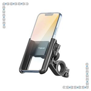 A black adjustable phone holder mounted on the handlebars of an electric bike, securely holding a smartphone in place.