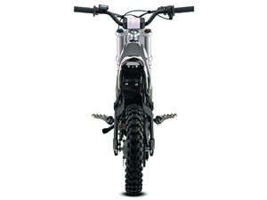 Side view of the eMOTO Stomp Ebox V3 60 electric dirt bike in black and green, showing its frame, wheels, and suspension system.