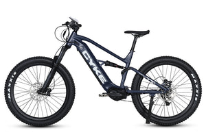 Dark blue eBike Cyke Falcon A, side view, showcasing sleek frame design and modern features against a neutral background.