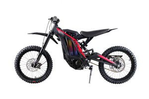 Black eMOTO Surron Light Bee S electric dirt bike, side view, on a white background