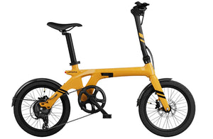 Saffron Yellow Urtopia Carbon Fold 1 eBike side view, showcasing its lightweight carbon frame and compact folding design.