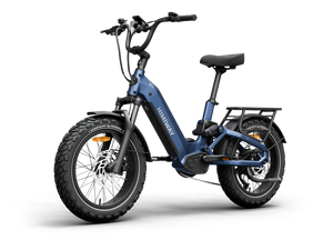 Side view of the Himiway D5 2.0 20" eBike in Midnight Blue, showcasing its frame, wheels, and battery against a plain background.