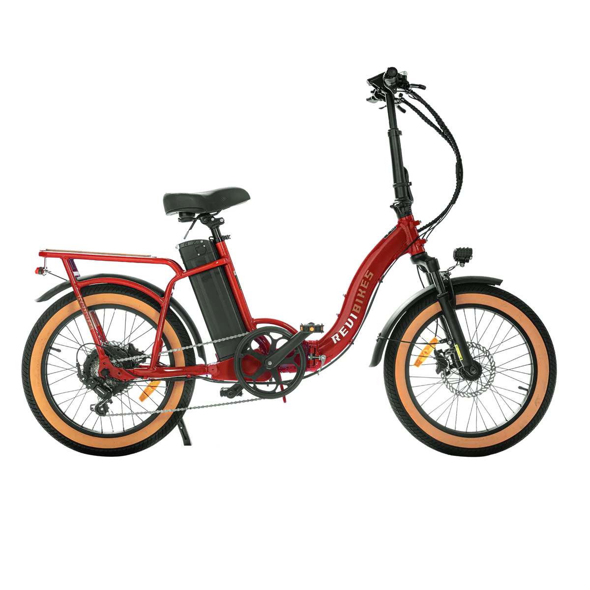 Red eBike Revi Rebel.2 electric bicycle side view with black tires and battery pack