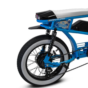 A black eMOTO eBike Strike Panthro electric bicycle shown from the side, highlighting its sleek frame, thick tires, and modern design.