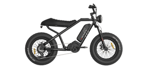 Side view of the eMOTO RAEV Bullet V2 Electric e-Moto Style eBike-Moto 500W Electric Pit Bike in black, showcasing its rugged frame, thick tires, and minimalist design against a plain background.