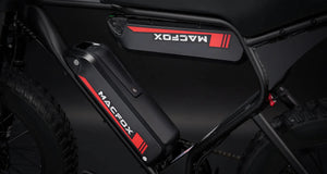 A black eMOTO MACFOX X1S commuter electric e-moto style eBike with step-over frame, 500W motor, and mini fat tires, shown from a side angle.