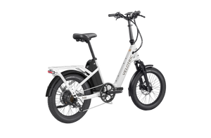 Velotric Fold 1 Plus eBike in Pearl White, folded for compact storage, side view on a white background