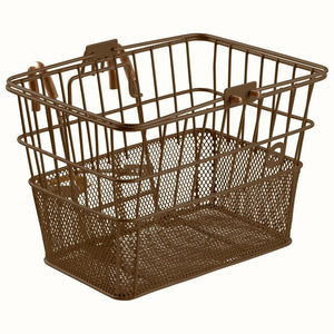 Brown Retrospec Apollo steel eBike basket attached to a bicycle