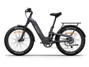 Side view of the Himiway D5 2.0 ST eBike in space grey, showcasing its step-through frame, battery, and tires against a plain background.
