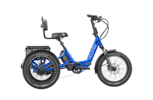 Electric blue Velotric Triker eTrike shown from side view, featuring three wheels, ergonomic seat, and modern frame design.
