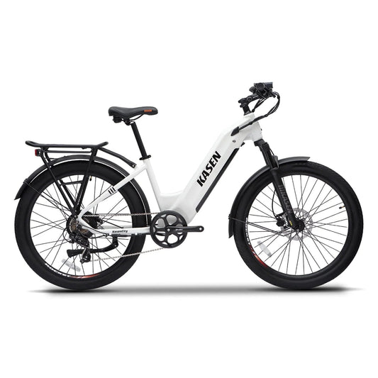 Gray Kasen City 2.0 eBike packaged in a white box, product image showing the boxed bicycle on a white background.