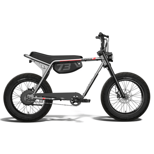Side view of a Super73 ZX Core eMOTO eBike in a showroom, featuring a sleek frame, wide tires, and minimalist design, available for in-store pickup only.