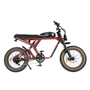 Red eBike Revi Cougar electric bicycle side view with black accents and thick tires