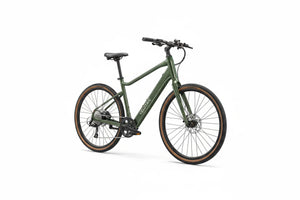 Side view of the Velotric Tempo eBike in a studio setting, showcasing its step-through frame, rear rack, and upright handlebars.