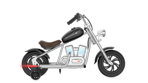 Side view of the eMOTO Hyper Gogo Challenger 12 Plus electric bike in black, showcasing its sturdy frame, thick tires, and handlebar with mounted controls.
