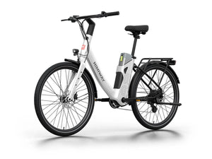 White Himiway A3 Step Thru electric bike side view, showcasing step-through frame, black saddle, and battery integrated into the downtube.