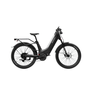 Silver Segway Xafari eBike side view, showcasing its sleek frame, wide tires, and integrated battery on a white background.