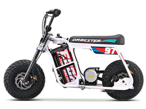 White eMOTO EBOX Dragster electric dirt bike, side view, on plain background
