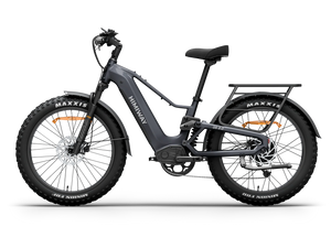 Side view of the Himiway D5 2.0 eBike in space grey, showcasing its sturdy frame, thick tires, and integrated battery against a plain background.