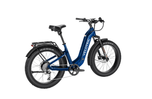 Velotric Nomad 2 eBike in Midnight Blue, step-thru frame, side view, against a white background