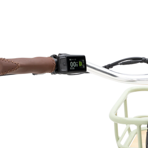 A side view of the eBike Murf Gigi 2.0, featuring a step-through frame, wide tires, and a rear cargo rack, displayed against a plain background.