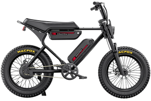 MACFOX X1S Commuter Electric e-Moto Style Step Over eBike with 500W motor and mini fat tires, shown in side profile.
