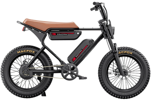 Alt text: eMOTO MACFOX X1S Commuter Electric e-Moto Style eBike, step-over frame, 500W motor, mini fat tires, black color, side view