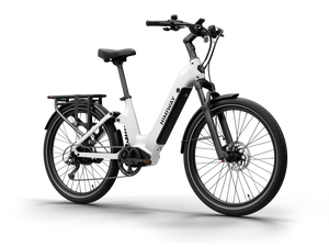 White Himiway A7 electric bike, side view, showcasing frame, wheels, and battery.