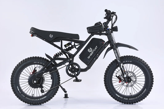 Side view of the eMOTO GHOSTCAT F4X Pro electric motorcycle in black, showcasing its sleek frame, large tires, and modern design features.