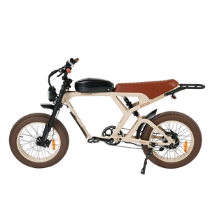 Side view of the eBike Revi Cougar in sand color, showing its frame, wheels, and battery on a white background.