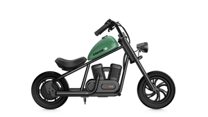 Blue eMOTO Hyper Gogo Cruiser 12 electric bike with and without training wheels, and green model, product code 650518