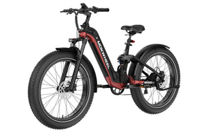 Black and red Mokwheel Obsidian ST eBike with a sturdy frame, thick tires, and modern design, shown from a side angle.