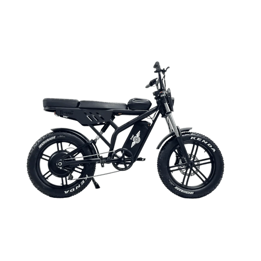 Side view of the eMOTO Freego Shotgun F2 Pro Max Prime electric fat tire bike, showcasing its thick tires, sturdy frame, and battery compartment.