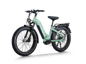 Green Himiway D5 Pro Step Thru eBike side view, showcasing frame design, battery, and wheels against a white background.