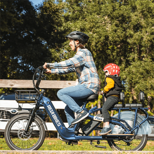 A REVI Flux 750w Step Thru electric bike with 20x2.4 inch fat tires, shown as a compact cargo eBike in a product image.