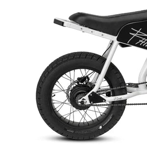 Side view of the eMOTO eBike Strike Rhino electric bicycle in black, showcasing its sturdy frame, thick tires, and battery pack.