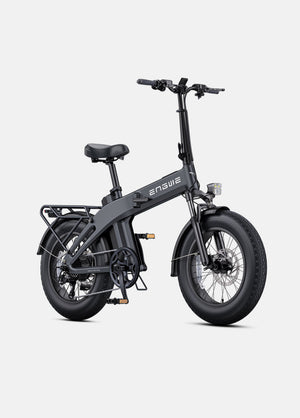 Black ENGWE EP-2 3.0 electric bike side view, showcasing fat tires, rear rack, and foldable frame design.