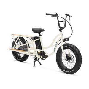 Side view of the Murf Higgs Cargo eBike in Bone color, showcasing its sturdy frame, large cargo rack, and wide tires.