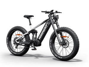 Himiway D7 electric bike in black and white gradient color, side view, showcasing frame design and large tires