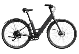 Matte black Urtopia Carbon 1 Step Thru eBike side view against a white background