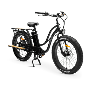 Black eBike MURF Alpha Cargo Fat Tire Beach Cruiser with 52v battery, side view, on white background
