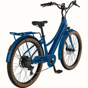 Retrospec Beaumont Rev 3 Plus eBike in Classic Blue, side view, showing step-through frame and rear rack