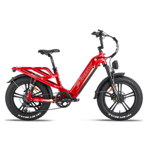 Red Freesky Rocky Pro A-320 electric bike side view, showcasing frame design, battery, and tires.