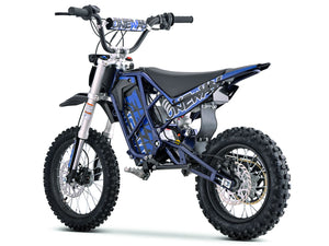 Side view of the eMOTO Stomp Ebox V3 72 RS electric dirt bike, showcasing its black and green frame, knobby tires, and suspension system.