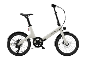 Urtopia Carbon Fold Step Thru eBike in creme color, shown folded with lightweight carbon frame and step-through design.
