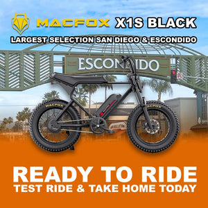Black eMOTO eBike Macfox X1S, ready to ride, product image, model R2R, barcode 810206240045