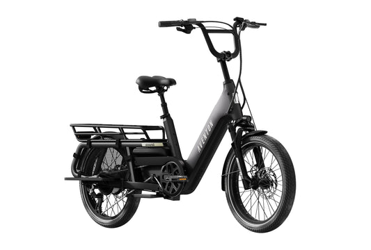 Aventon Abound LR electric bike in Matte Stealth color, side view, showcasing cargo rack and step-through frame