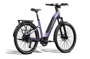 Aventon Level 4 ADV Step-Thru electric bike in Haze color, side view, showcasing frame design and integrated battery